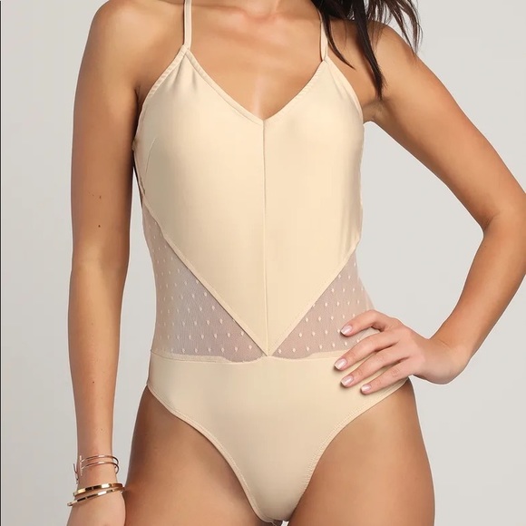 NEW Beige Swiss Dot Sleeveless Mesh Bodysuit - Picture 3 of 7